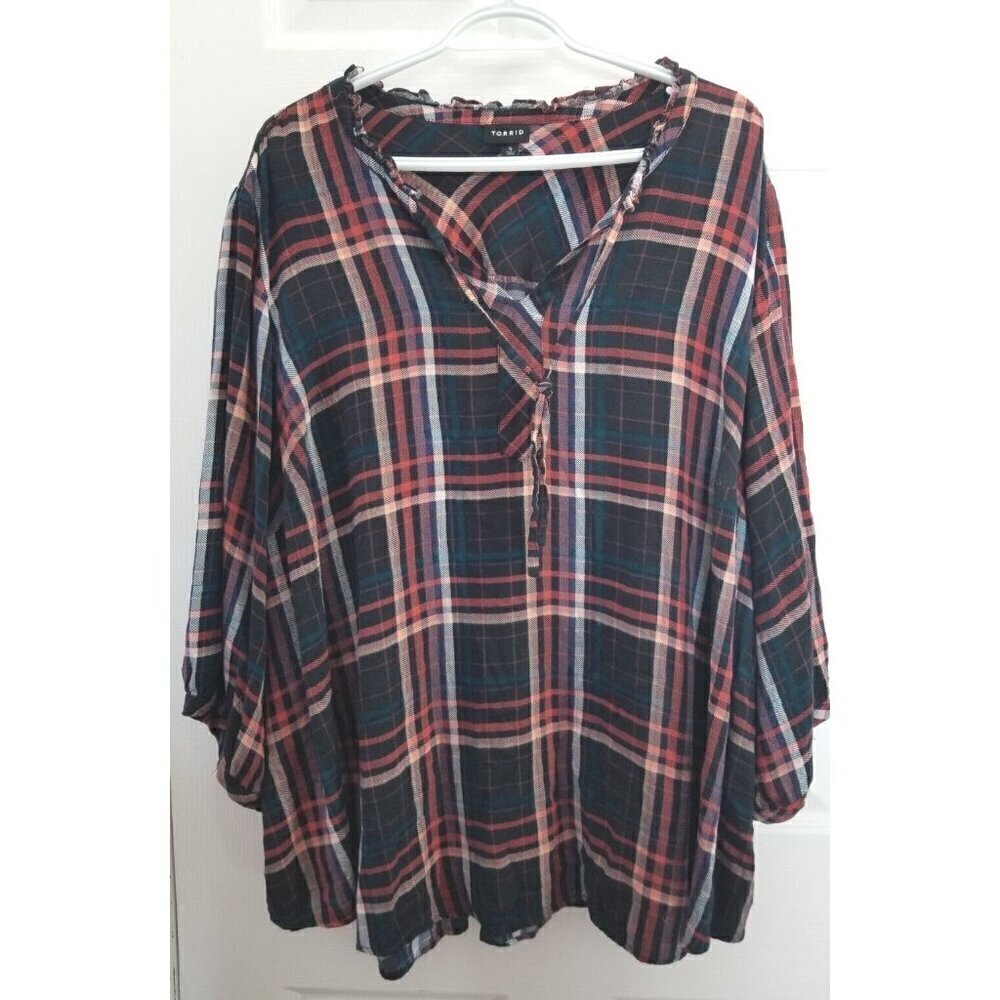 Torrid Rayon Twill Tie Neck Plaid Peasant Top Size 5